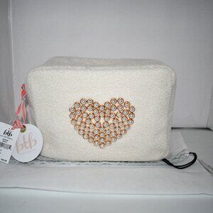BTB Los Angeles Pearly Heart Faux-Fur Cosmetic Bag in White #0222-06 NWT